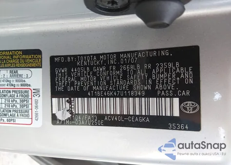 2007 Toyota Camry Xle from USA, damaged, VIN 4T1BE46K47U118349